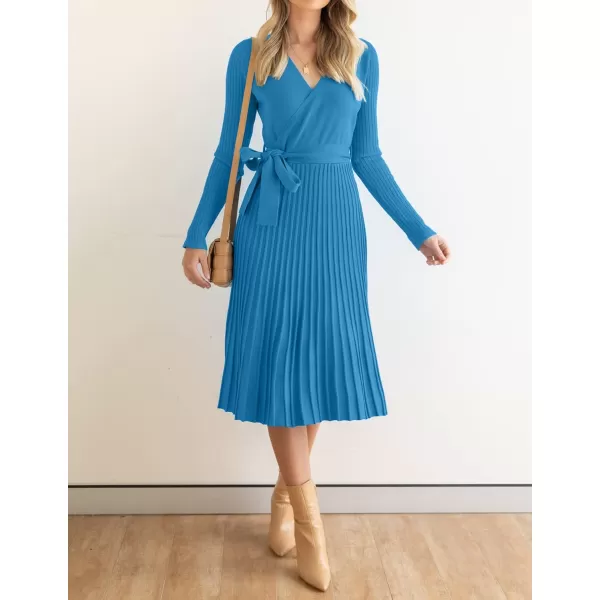 ZESICA Womens 2024 Fall Long Sleeve Wrap V Neck Ribbed Knit Pleated A Line Pullover Sweater Dress with BeltCobaltblue