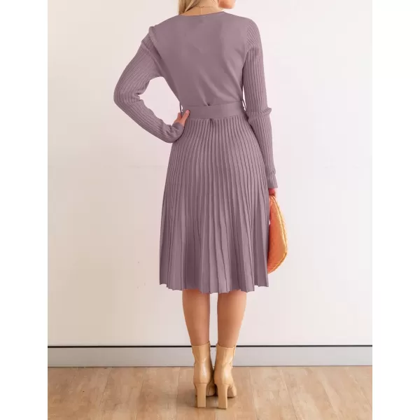 ZESICA Womens 2024 Fall Long Sleeve Wrap V Neck Ribbed Knit Pleated A Line Pullover Sweater Dress with BeltDarkviolet