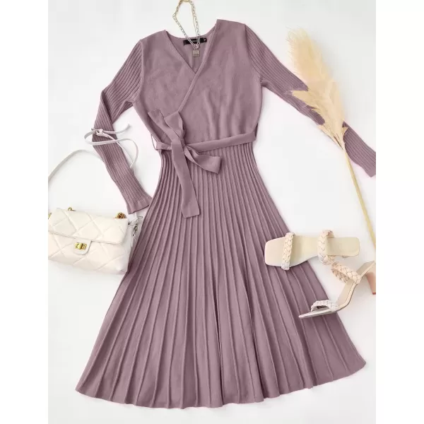 ZESICA Womens 2024 Fall Long Sleeve Wrap V Neck Ribbed Knit Pleated A Line Pullover Sweater Dress with BeltDarkviolet