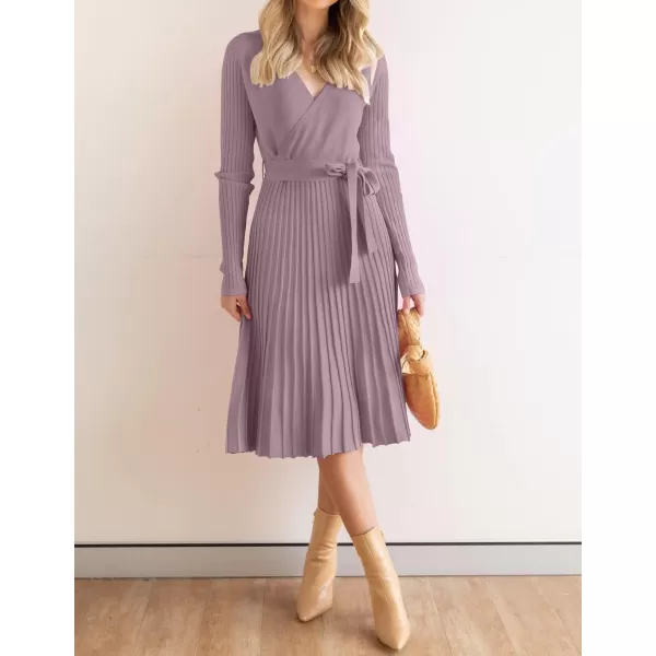 ZESICA Womens 2024 Fall Long Sleeve Wrap V Neck Ribbed Knit Pleated A Line Pullover Sweater Dress with BeltDarkviolet