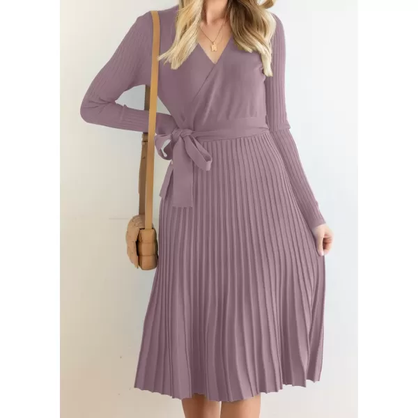 ZESICA Womens 2024 Fall Long Sleeve Wrap V Neck Ribbed Knit Pleated A Line Pullover Sweater Dress with BeltDarkviolet