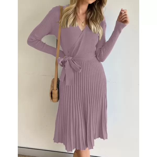 ZESICA Womens 2024 Fall Long Sleeve Wrap V Neck Ribbed Knit Pleated A Line Pullover Sweater Dress with BeltDarkviolet