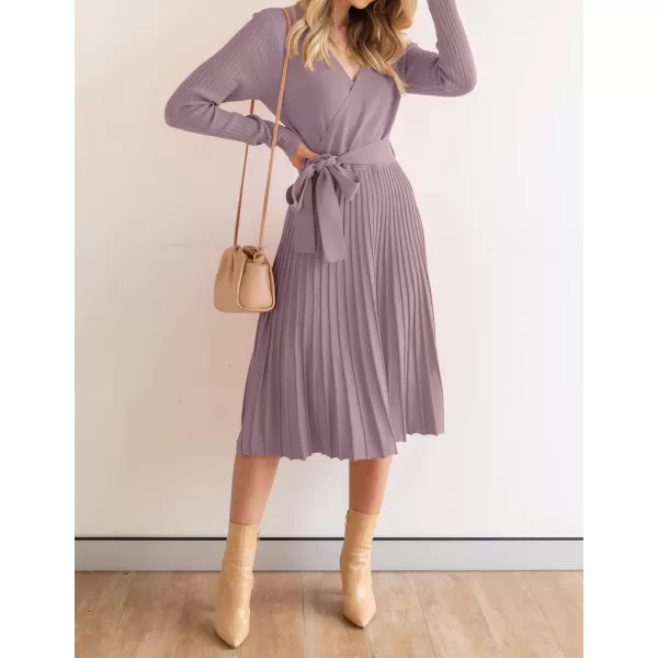 ZESICA Womens 2024 Fall Long Sleeve Wrap V Neck Ribbed Knit Pleated A Line Pullover Sweater Dress with BeltDarkviolet