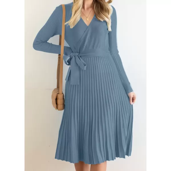 ZESICA Womens 2024 Fall Long Sleeve Wrap V Neck Ribbed Knit Pleated A Line Pullover Sweater Dress with BeltDustyblue