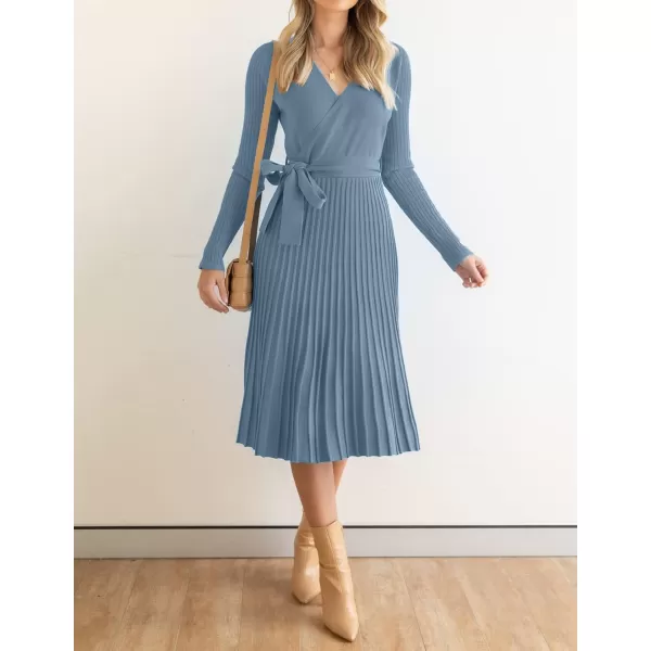 ZESICA Womens 2024 Fall Long Sleeve Wrap V Neck Ribbed Knit Pleated A Line Pullover Sweater Dress with BeltDustyblue