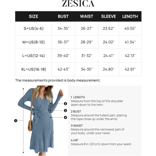 ZESICA Womens 2024 Fall Long Sleeve Wrap V Neck Ribbed Knit Pleated A Line Pullover Sweater Dress with BeltDustyblue