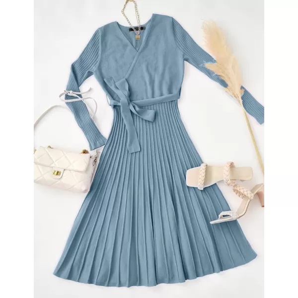 ZESICA Womens 2024 Fall Long Sleeve Wrap V Neck Ribbed Knit Pleated A Line Pullover Sweater Dress with BeltDustyblue