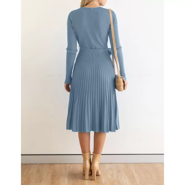 ZESICA Womens 2024 Fall Long Sleeve Wrap V Neck Ribbed Knit Pleated A Line Pullover Sweater Dress with BeltDustyblue