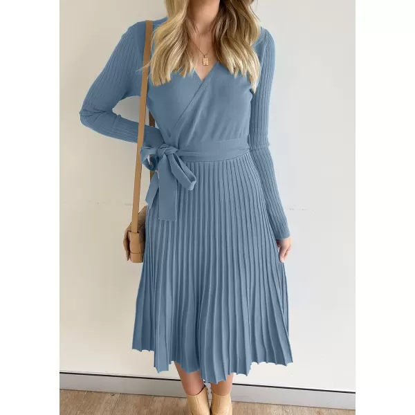 ZESICA Womens 2024 Fall Long Sleeve Wrap V Neck Ribbed Knit Pleated A Line Pullover Sweater Dress with BeltDustyblue