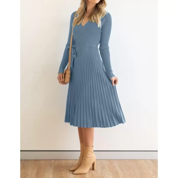 ZESICA Womens 2024 Fall Long Sleeve Wrap V Neck Ribbed Knit Pleated A Line Pullover Sweater Dress with BeltDustyblue
