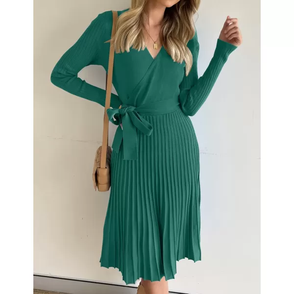 ZESICA Womens 2024 Fall Long Sleeve Wrap V Neck Ribbed Knit Pleated A Line Pullover Sweater Dress with BeltForestgreen