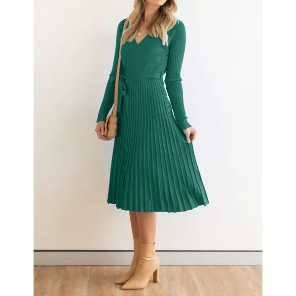 ZESICA Womens 2024 Fall Long Sleeve Wrap V Neck Ribbed Knit Pleated A Line Pullover Sweater Dress with BeltForestgreen