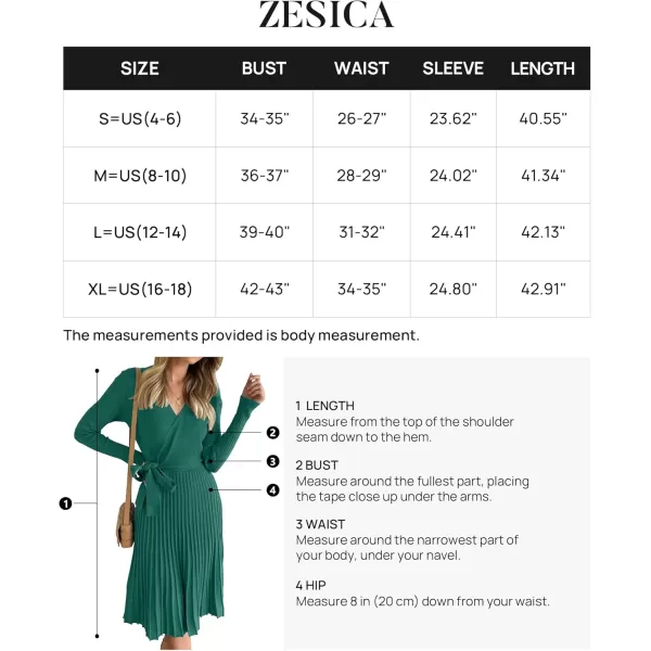 ZESICA Womens 2024 Fall Long Sleeve Wrap V Neck Ribbed Knit Pleated A Line Pullover Sweater Dress with BeltForestgreen
