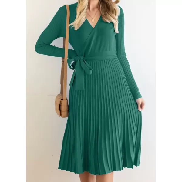 ZESICA Womens 2024 Fall Long Sleeve Wrap V Neck Ribbed Knit Pleated A Line Pullover Sweater Dress with BeltForestgreen