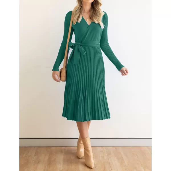 ZESICA Womens 2024 Fall Long Sleeve Wrap V Neck Ribbed Knit Pleated A Line Pullover Sweater Dress with BeltForestgreen