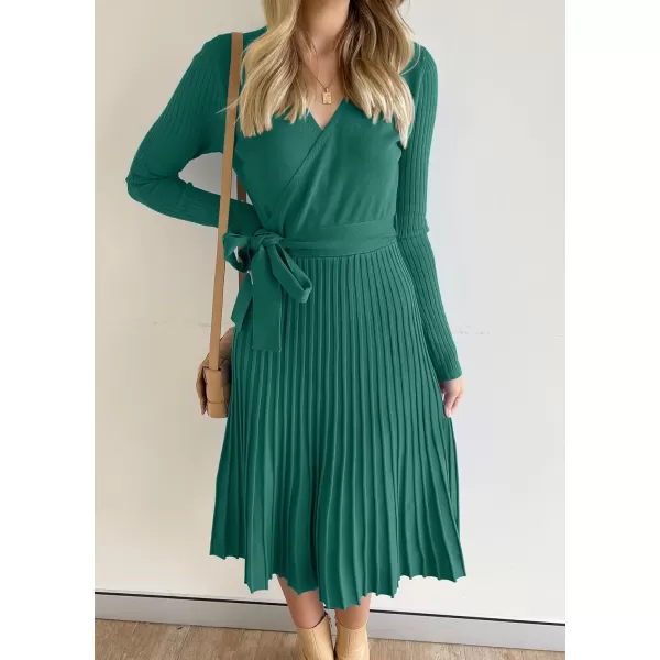 ZESICA Womens 2024 Fall Long Sleeve Wrap V Neck Ribbed Knit Pleated A Line Pullover Sweater Dress with BeltForestgreen