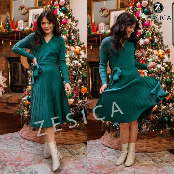 ZESICA Womens 2024 Fall Long Sleeve Wrap V Neck Ribbed Knit Pleated A Line Pullover Sweater Dress with BeltForestgreen