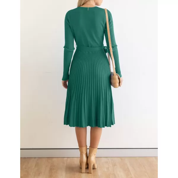 ZESICA Womens 2024 Fall Long Sleeve Wrap V Neck Ribbed Knit Pleated A Line Pullover Sweater Dress with BeltForestgreen