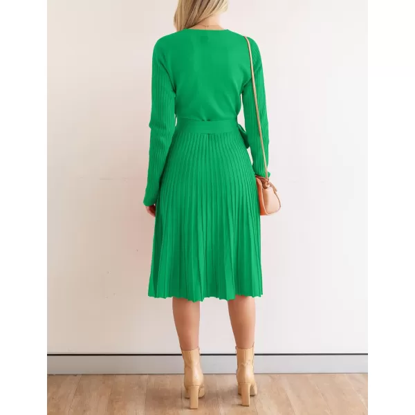 ZESICA Womens 2024 Fall Long Sleeve Wrap V Neck Ribbed Knit Pleated A Line Pullover Sweater Dress with BeltGreen