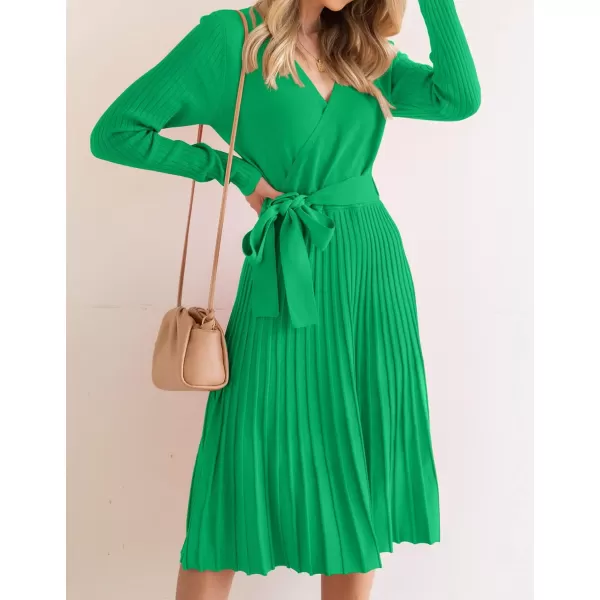 ZESICA Womens 2024 Fall Long Sleeve Wrap V Neck Ribbed Knit Pleated A Line Pullover Sweater Dress with BeltGreen