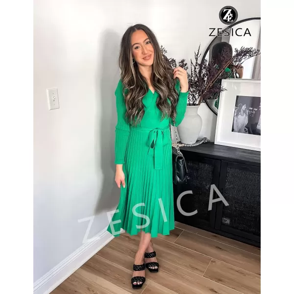 ZESICA Womens 2024 Fall Long Sleeve Wrap V Neck Ribbed Knit Pleated A Line Pullover Sweater Dress with BeltGreen