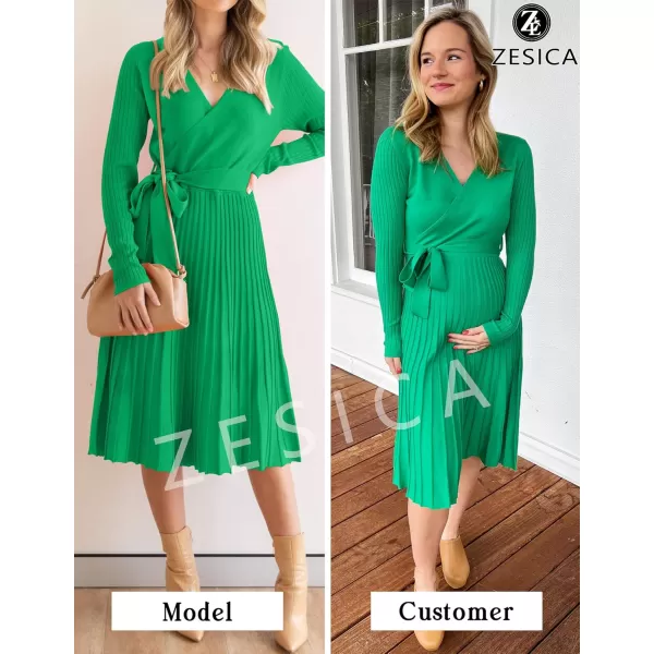 ZESICA Womens 2024 Fall Long Sleeve Wrap V Neck Ribbed Knit Pleated A Line Pullover Sweater Dress with BeltGreen