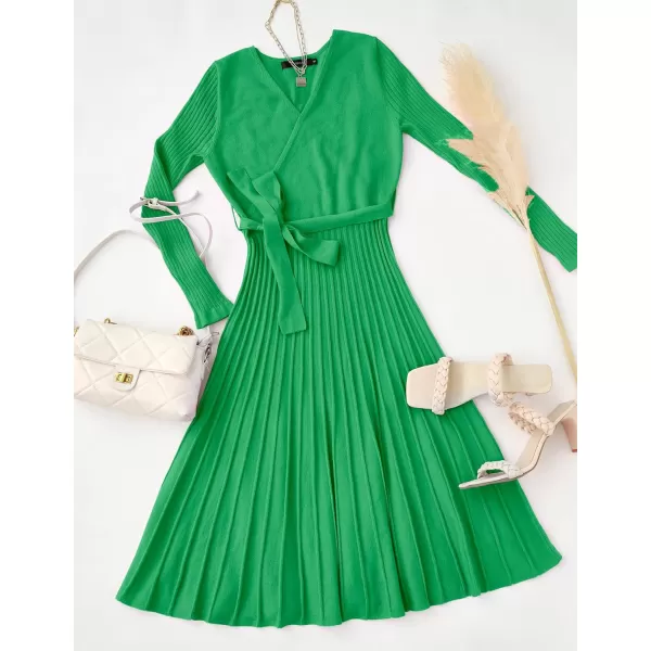 ZESICA Womens 2024 Fall Long Sleeve Wrap V Neck Ribbed Knit Pleated A Line Pullover Sweater Dress with BeltGreen