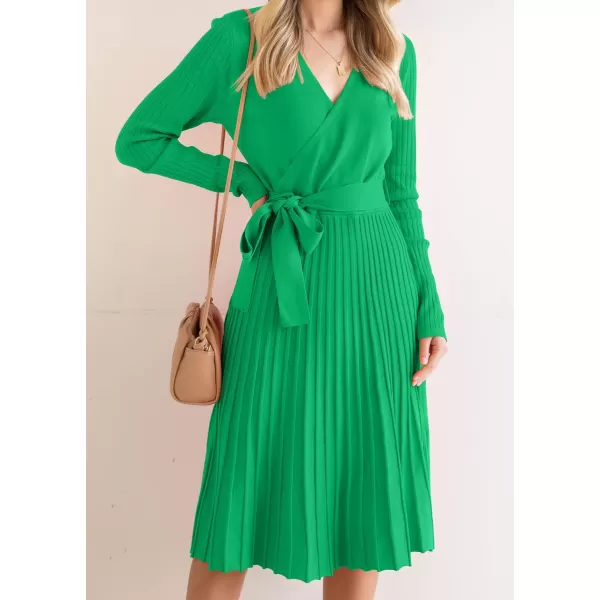 ZESICA Womens 2024 Fall Long Sleeve Wrap V Neck Ribbed Knit Pleated A Line Pullover Sweater Dress with BeltGreen