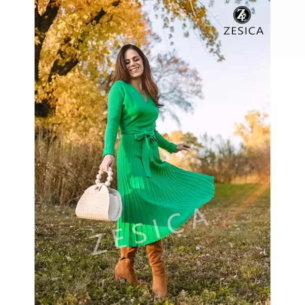 ZESICA Womens 2024 Fall Long Sleeve Wrap V Neck Ribbed Knit Pleated A Line Pullover Sweater Dress with BeltGreen
