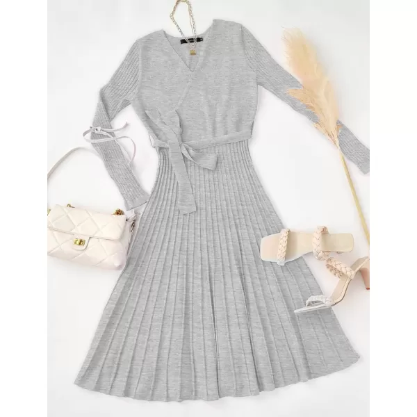 ZESICA Womens 2024 Fall Long Sleeve Wrap V Neck Ribbed Knit Pleated A Line Pullover Sweater Dress with BeltGrey