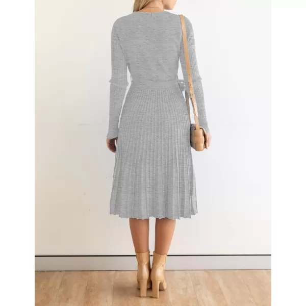 ZESICA Womens 2024 Fall Long Sleeve Wrap V Neck Ribbed Knit Pleated A Line Pullover Sweater Dress with BeltGrey