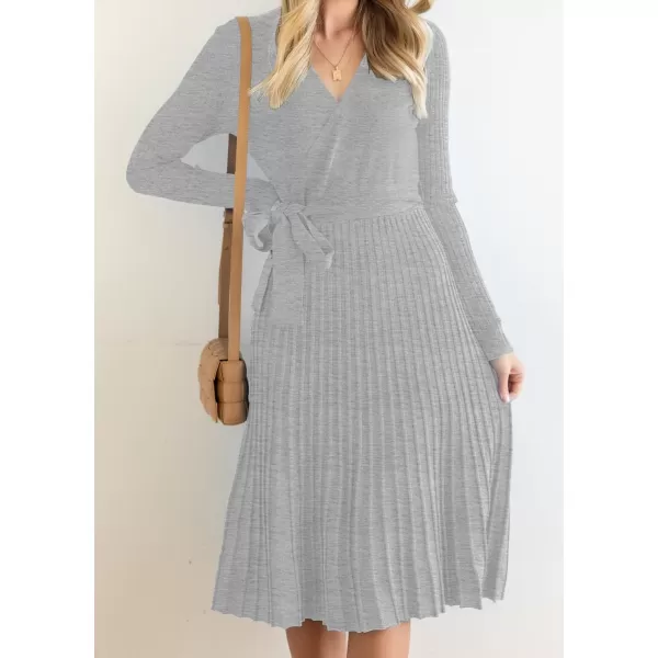 ZESICA Womens 2024 Fall Long Sleeve Wrap V Neck Ribbed Knit Pleated A Line Pullover Sweater Dress with BeltGrey