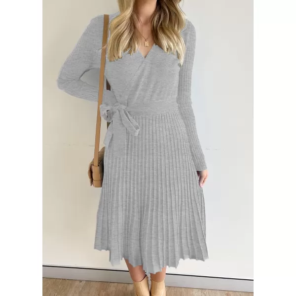 ZESICA Womens 2024 Fall Long Sleeve Wrap V Neck Ribbed Knit Pleated A Line Pullover Sweater Dress with BeltGrey
