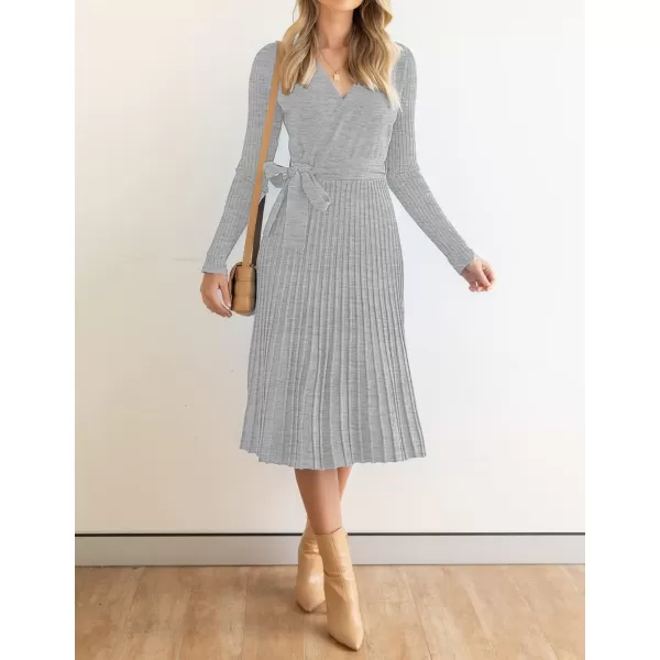 ZESICA Womens 2024 Fall Long Sleeve Wrap V Neck Ribbed Knit Pleated A Line Pullover Sweater Dress with BeltGrey