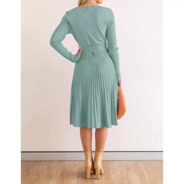 ZESICA Womens 2024 Fall Long Sleeve Wrap V Neck Ribbed Knit Pleated A Line Pullover Sweater Dress with BeltLake