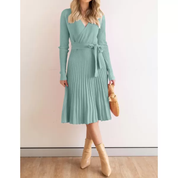 ZESICA Womens 2024 Fall Long Sleeve Wrap V Neck Ribbed Knit Pleated A Line Pullover Sweater Dress with BeltLake