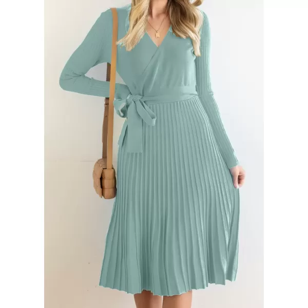 ZESICA Womens 2024 Fall Long Sleeve Wrap V Neck Ribbed Knit Pleated A Line Pullover Sweater Dress with BeltLake