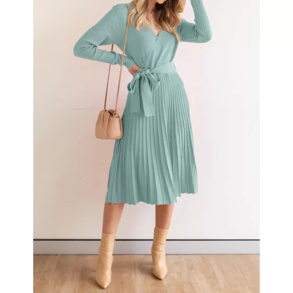 ZESICA Womens 2024 Fall Long Sleeve Wrap V Neck Ribbed Knit Pleated A Line Pullover Sweater Dress with BeltLake