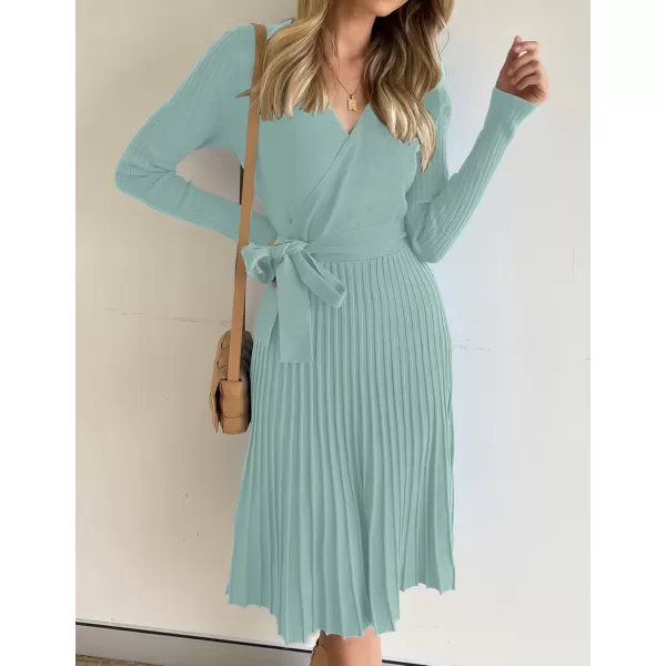 ZESICA Womens 2024 Fall Long Sleeve Wrap V Neck Ribbed Knit Pleated A Line Pullover Sweater Dress with BeltLake