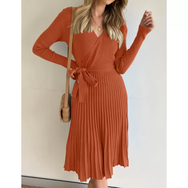 ZESICA Womens 2024 Fall Long Sleeve Wrap V Neck Ribbed Knit Pleated A Line Pullover Sweater Dress with BeltMaple