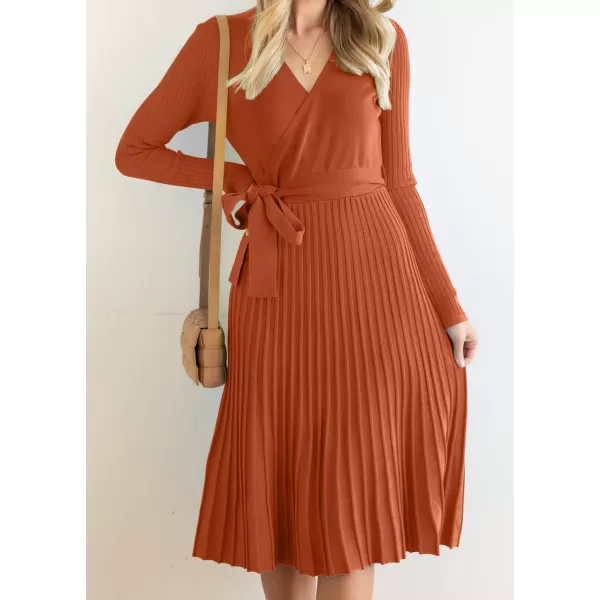 ZESICA Womens 2024 Fall Long Sleeve Wrap V Neck Ribbed Knit Pleated A Line Pullover Sweater Dress with BeltMaple