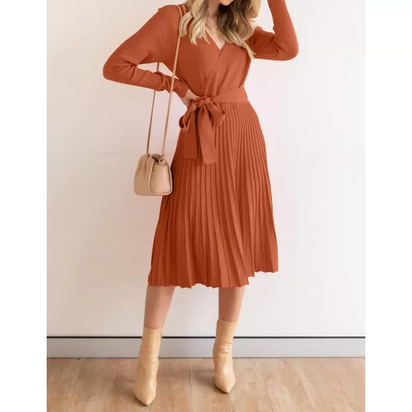 ZESICA Womens 2024 Fall Long Sleeve Wrap V Neck Ribbed Knit Pleated A Line Pullover Sweater Dress with BeltMaple