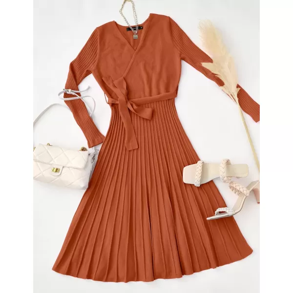 ZESICA Womens 2024 Fall Long Sleeve Wrap V Neck Ribbed Knit Pleated A Line Pullover Sweater Dress with BeltMaple