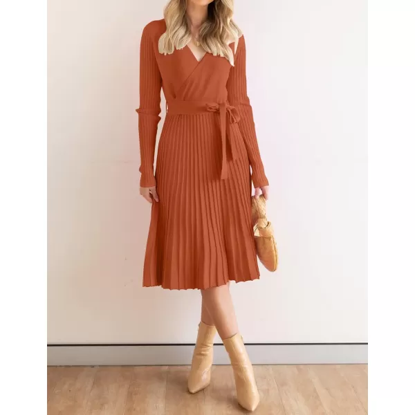 ZESICA Womens 2024 Fall Long Sleeve Wrap V Neck Ribbed Knit Pleated A Line Pullover Sweater Dress with BeltMaple
