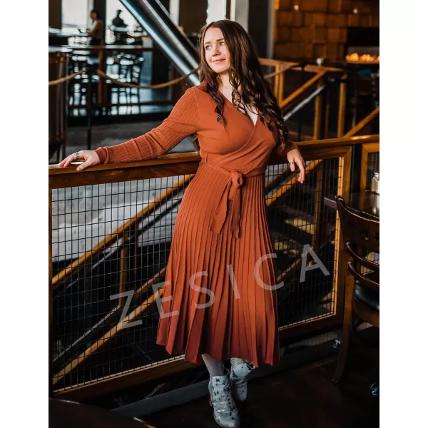 ZESICA Womens 2024 Fall Long Sleeve Wrap V Neck Ribbed Knit Pleated A Line Pullover Sweater Dress with BeltMaple