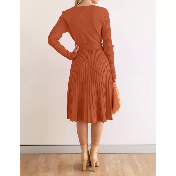 ZESICA Womens 2024 Fall Long Sleeve Wrap V Neck Ribbed Knit Pleated A Line Pullover Sweater Dress with BeltMaple