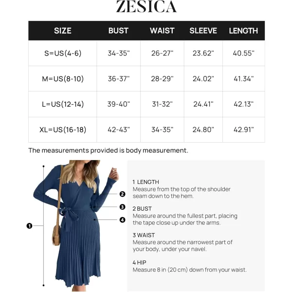 ZESICA Womens 2024 Fall Long Sleeve Wrap V Neck Ribbed Knit Pleated A Line Pullover Sweater Dress with BeltNavy