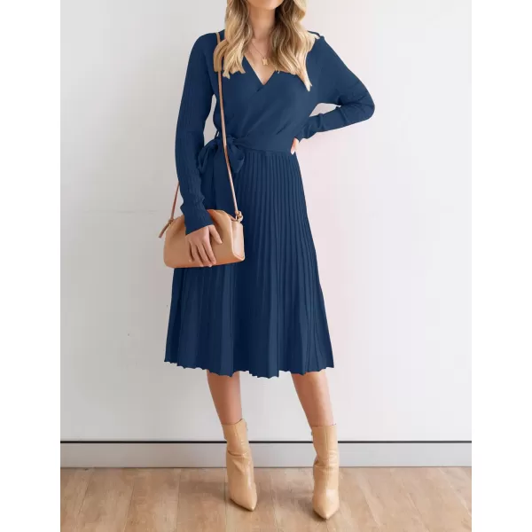 ZESICA Womens 2024 Fall Long Sleeve Wrap V Neck Ribbed Knit Pleated A Line Pullover Sweater Dress with BeltNavy