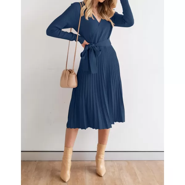 ZESICA Womens 2024 Fall Long Sleeve Wrap V Neck Ribbed Knit Pleated A Line Pullover Sweater Dress with BeltNavy