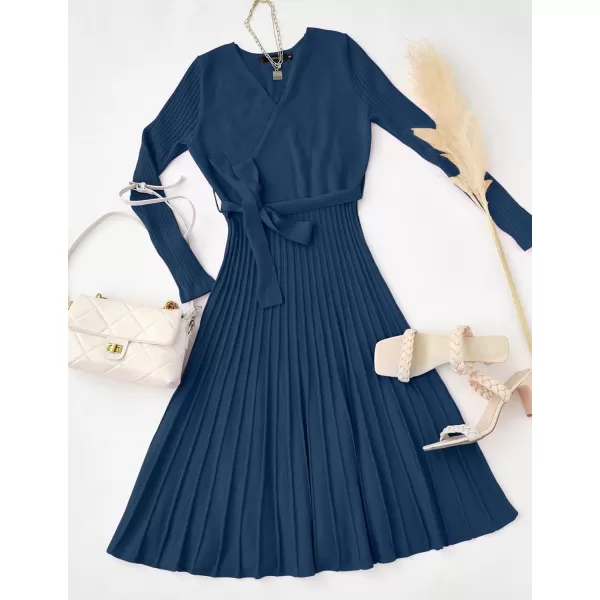 ZESICA Womens 2024 Fall Long Sleeve Wrap V Neck Ribbed Knit Pleated A Line Pullover Sweater Dress with BeltNavy